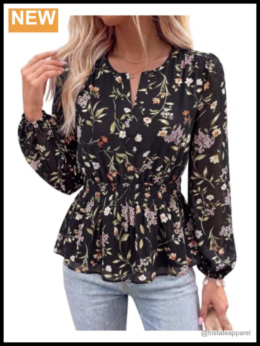 Womens Floral V-Neck Long Sleeve Chiffon Peplum Blouse